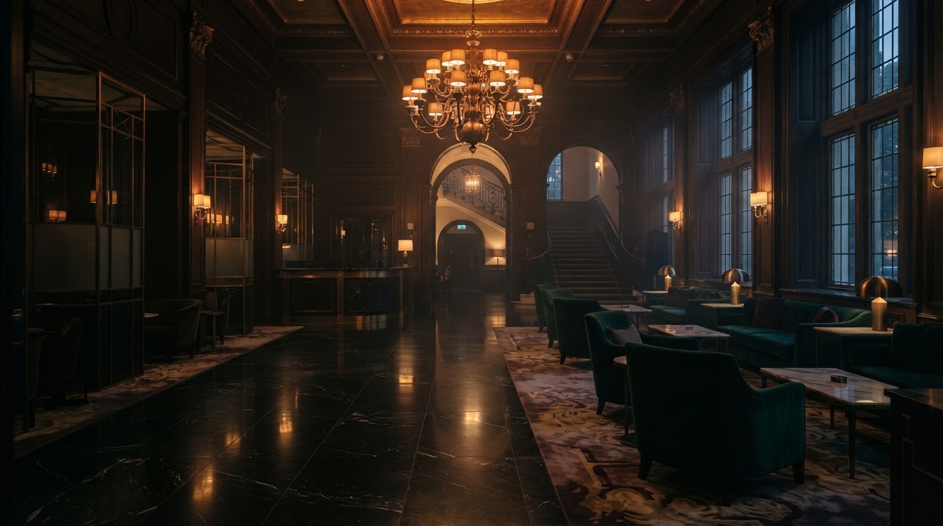 Just For Yours hotel hall with polished marble, bronze chandelier, and deep seating at twilight
