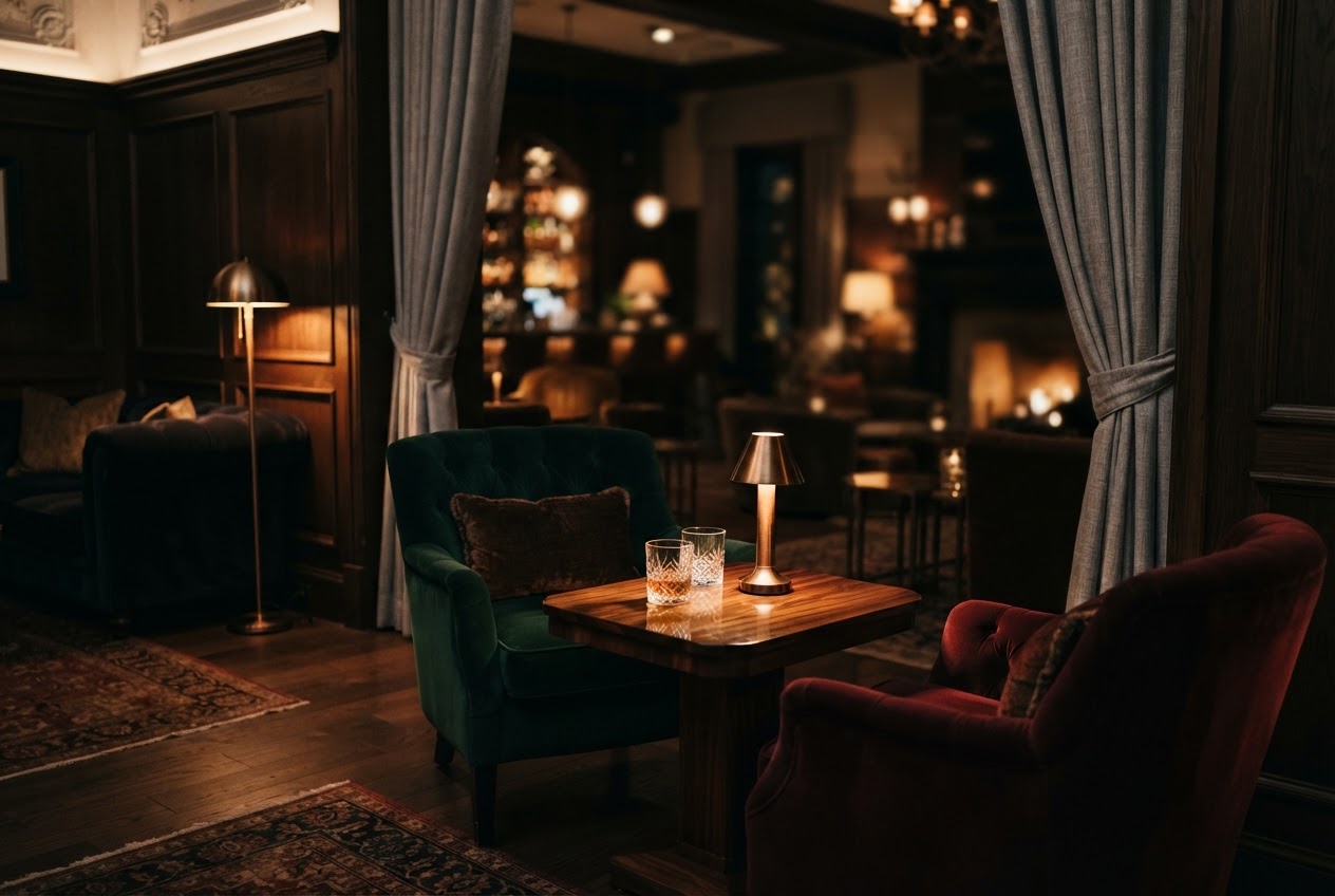 Intimate lounge with deep emerald seating, bronze lamps, and polished walnut tables